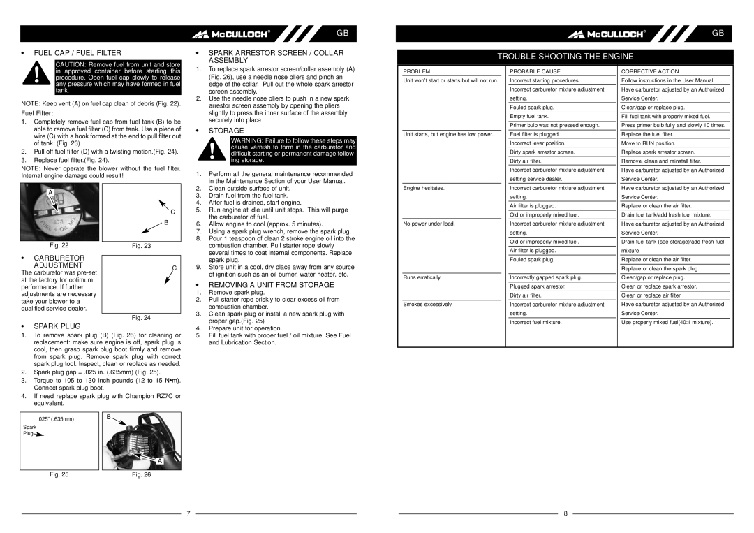 McCulloch MAC BP290 Trouble Shooting the Engine, Carburetor Adjustment, Spark Plug, Removing a Unit from Storage 