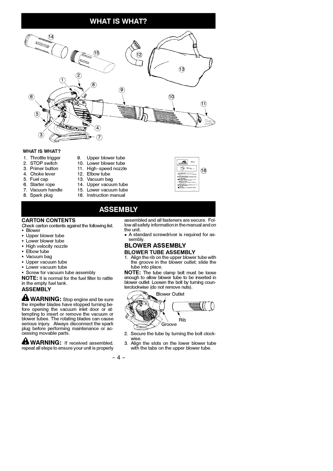 McCulloch MAC GBV 325 instruction manual What is WHAT?, Carton Contents, Blower Tube Assembly 