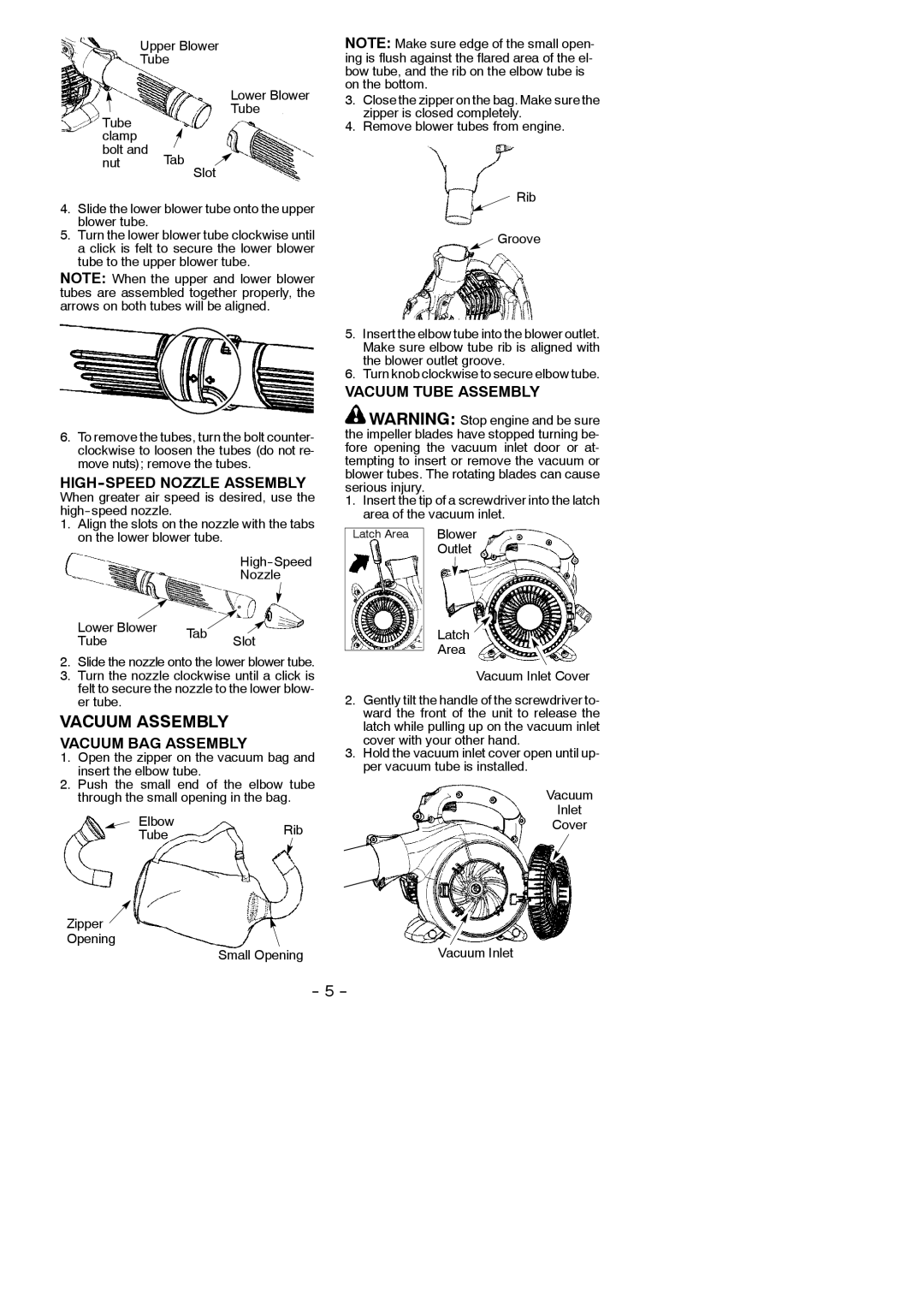 McCulloch MAC GBV 325 instruction manual HIGH-SPEED Nozzle Assembly, Vacuum BAG Assembly, Vacuum Tube Assembly, Outlet 