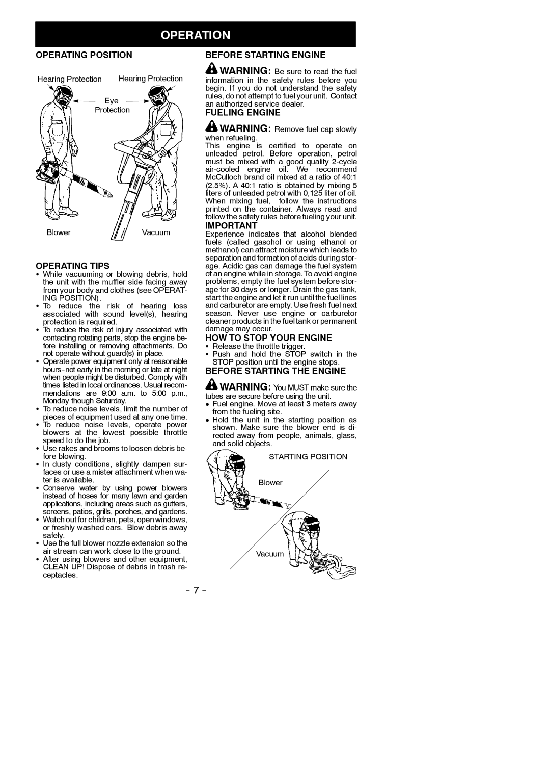 McCulloch MAC GBV 325 instruction manual Operation 