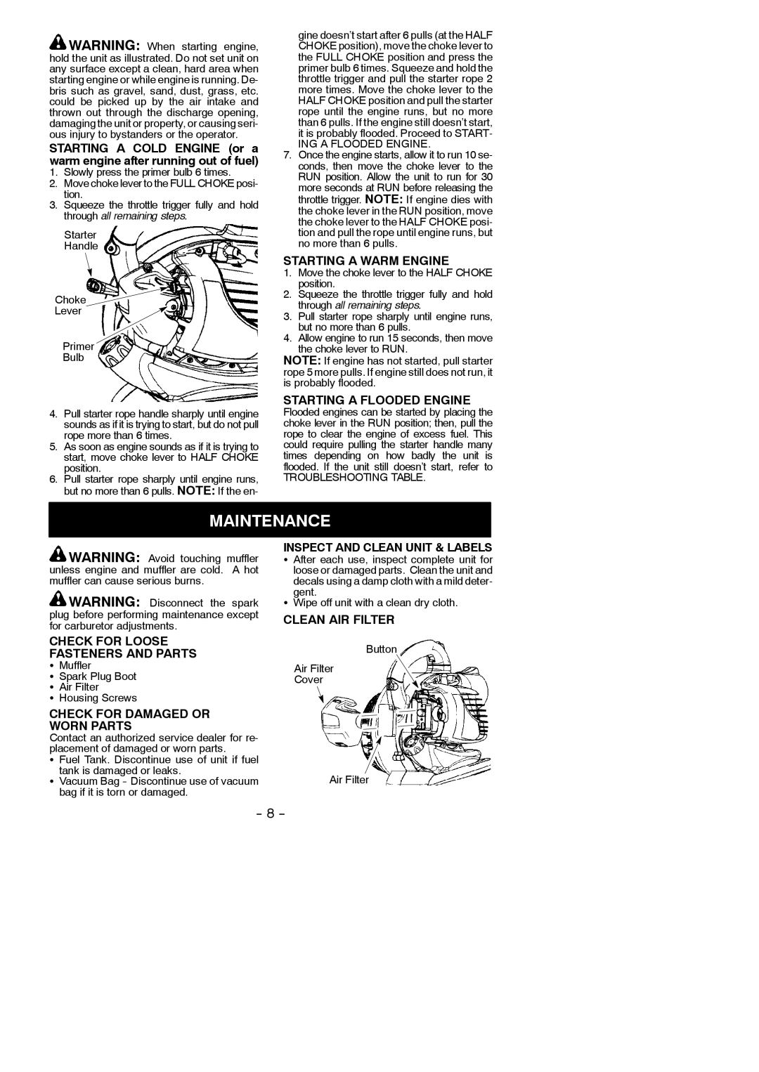 McCulloch MAC GBV 325 instruction manual Maintenance 