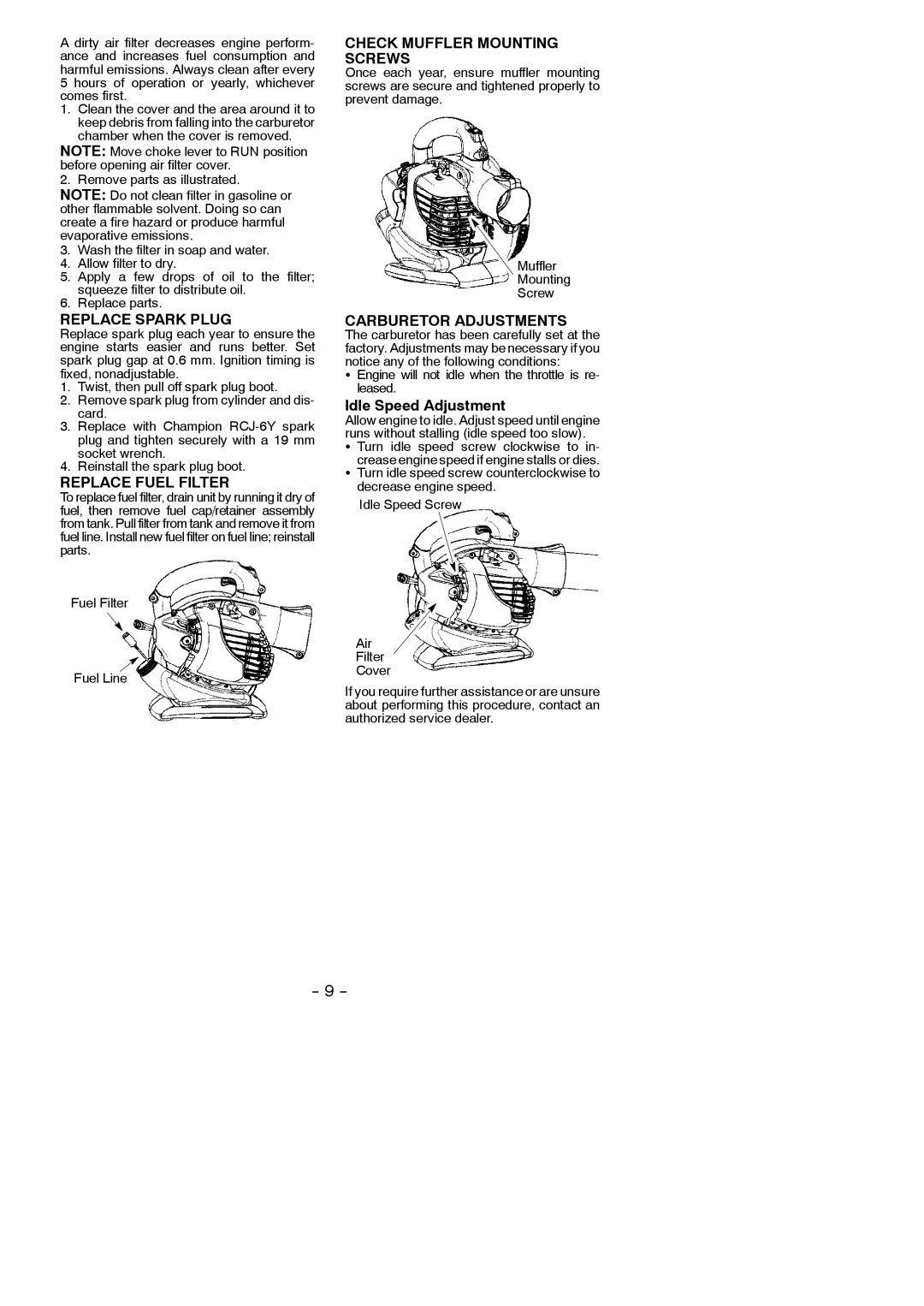 McCulloch MAC GBV 325 Replace Spark Plug, Replace Fuel Filter, Check Muffler Mounting Screws, Carburetor Adjustments 