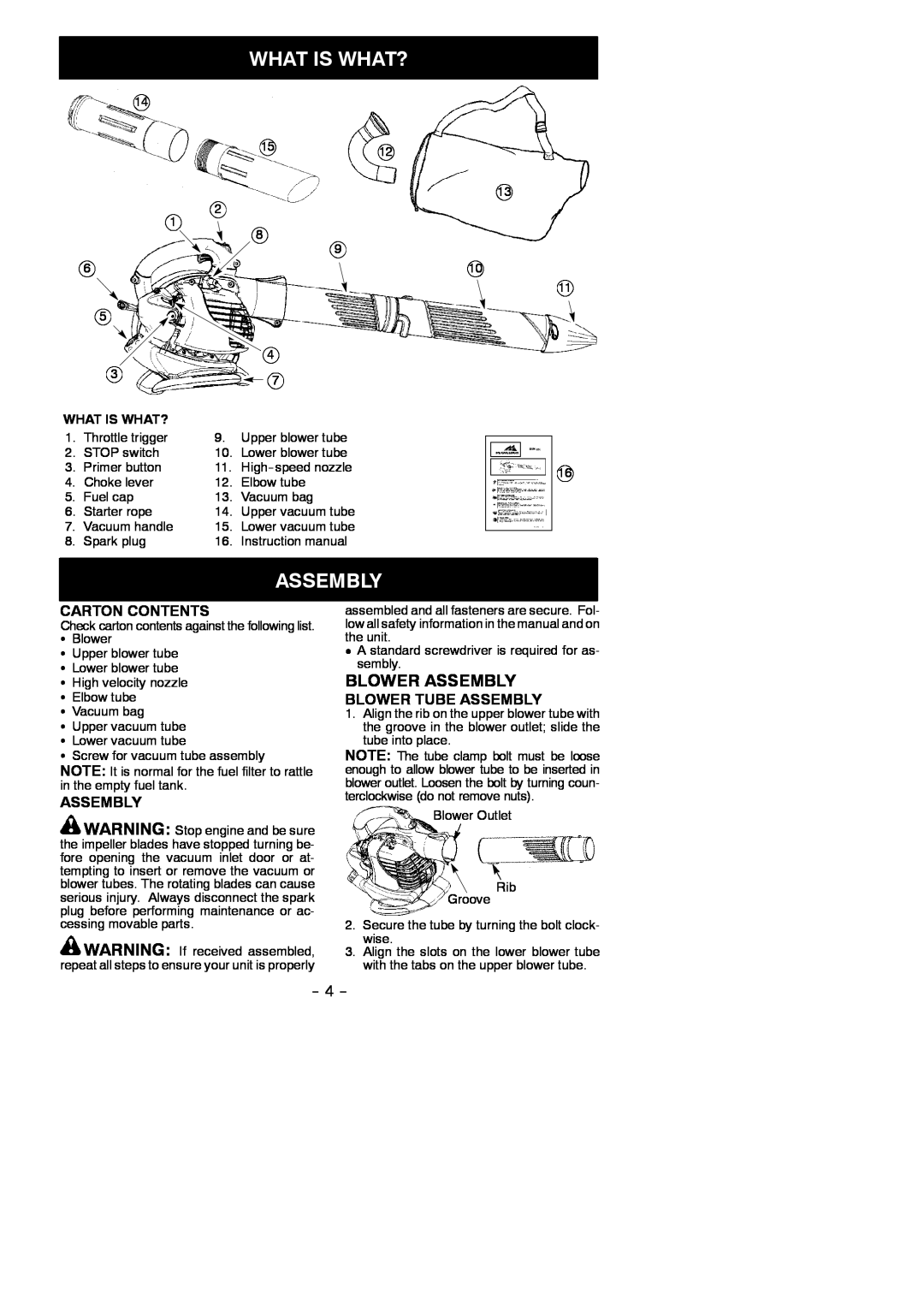 McCulloch MAC GBV 325 instruction manual What Is What?, Blower Assembly, Carton Contents, Blower Tube Assembly 