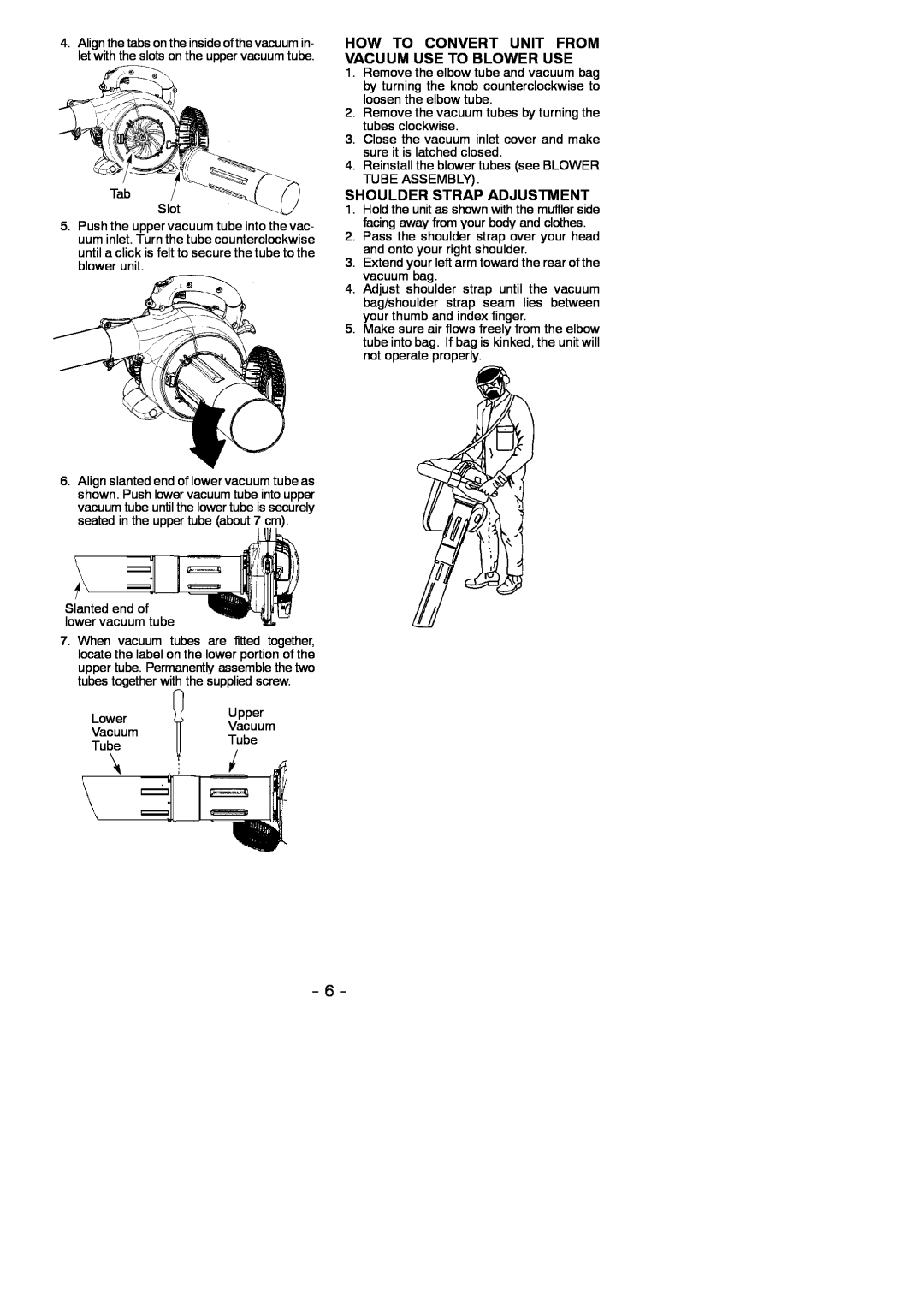 McCulloch MAC GBV 325 instruction manual How To Convert Unit From Vacuum Use To Blower Use, Shoulder Strap Adjustment 
