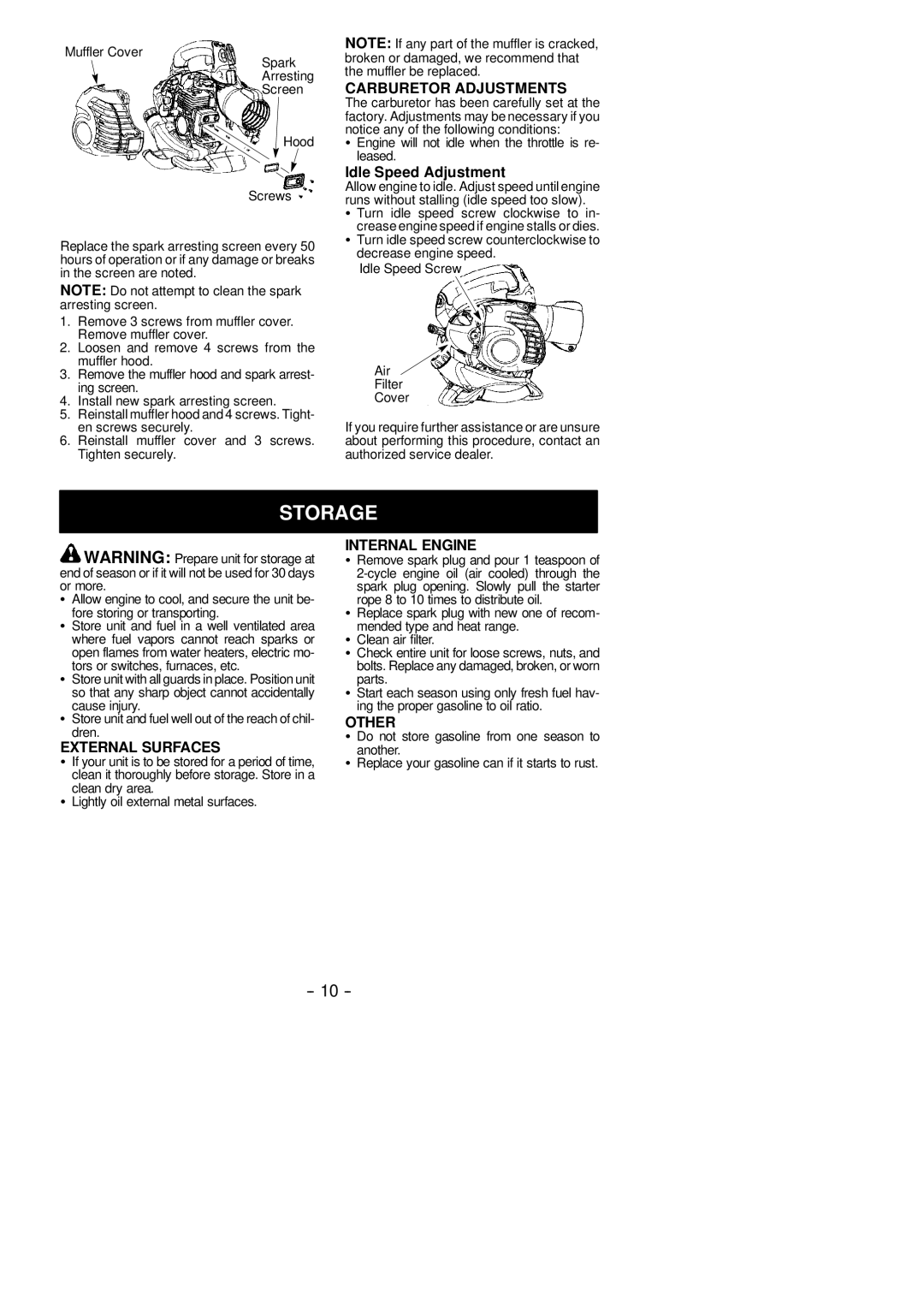 McCulloch MAC GBV 345 instruction manual Carburetor Adjustments, External Surfaces, Internal Engine, Other 