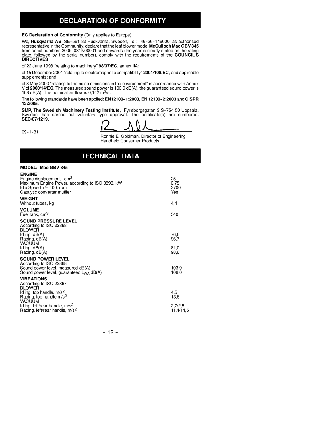 McCulloch MAC GBV 345 instruction manual Declaration of Conformity 