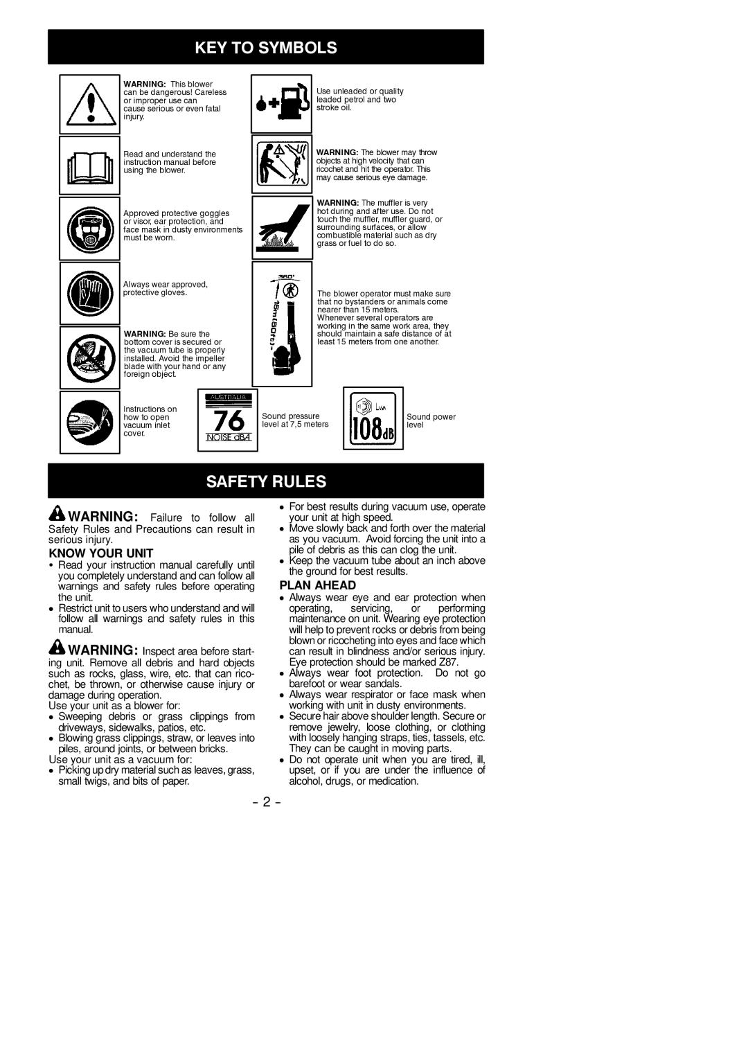 McCulloch MAC GBV 345 instruction manual KEY to Symbols, Safety Rules, Know Your Unit, Plan Ahead 