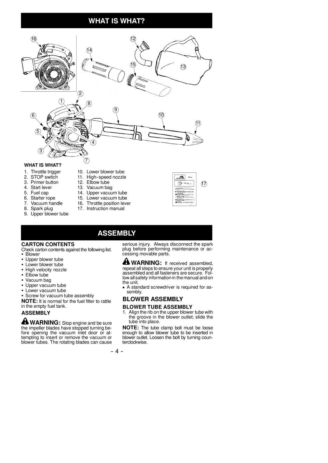 McCulloch MAC GBV 345 instruction manual What is WHAT?, Carton Contents, Blower Tube Assembly 