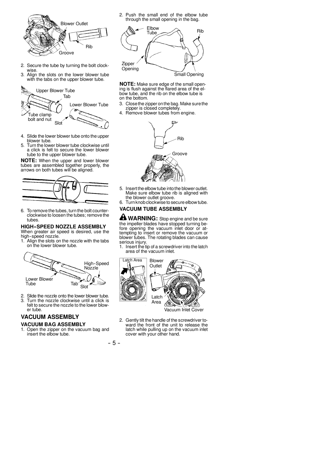 McCulloch MAC GBV 345 instruction manual HIGH-SPEED Nozzle Assembly, Vacuum BAG Assembly, Vacuum Tube Assembly 