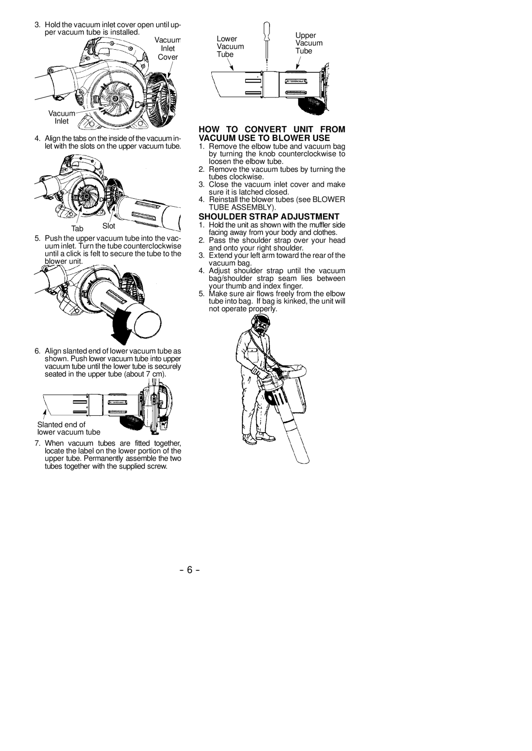 McCulloch MAC GBV 345 instruction manual HOW to Convert Unit from Vacuum USE to Blower USE, Shoulder Strap Adjustment 