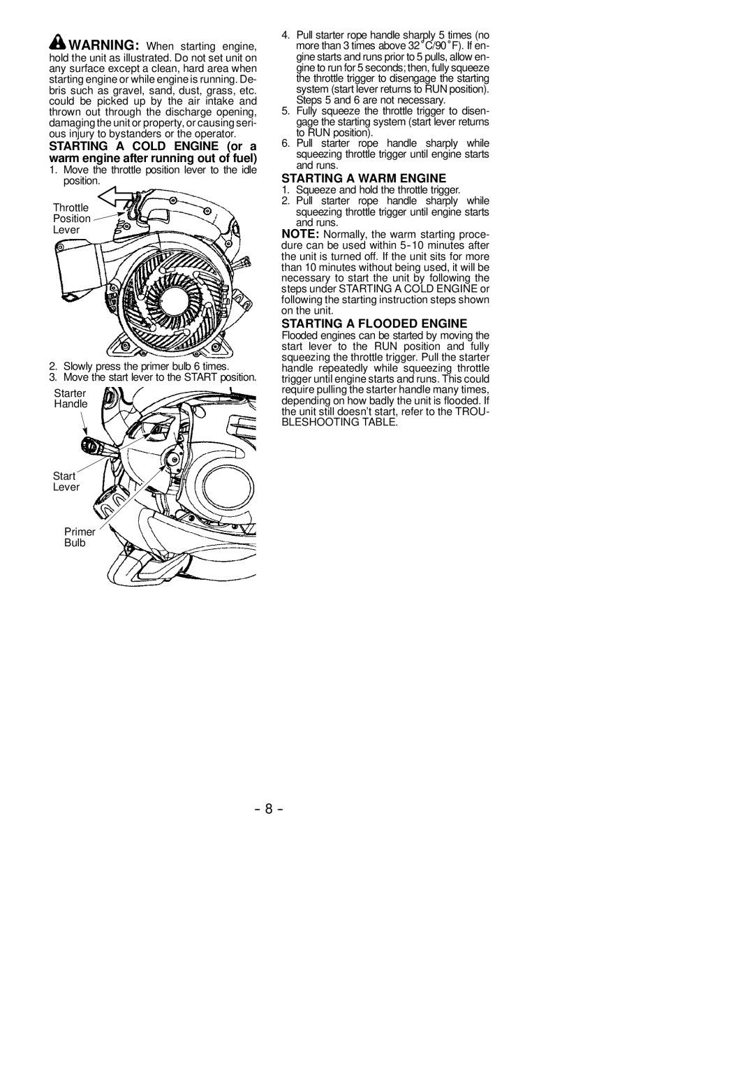 McCulloch MAC GBV 345 Starting a Warm Engine, Starting a Flooded Engine, Starter Handle Lever Primer Bulb 