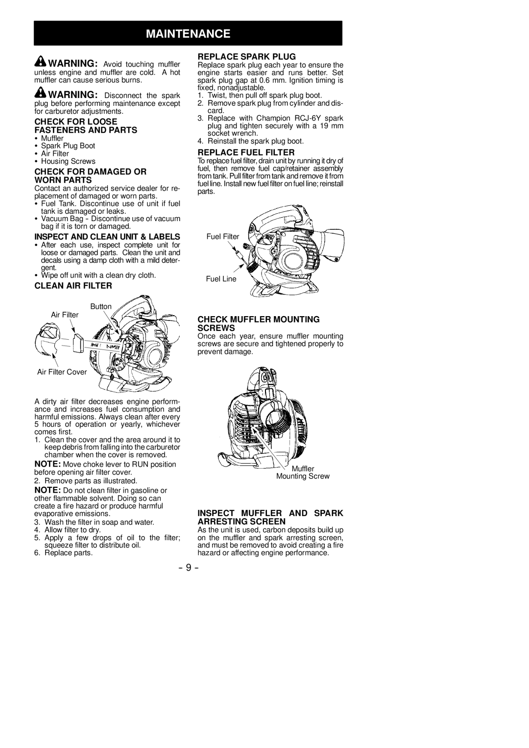 McCulloch MAC GBV 345 instruction manual Maintenance 