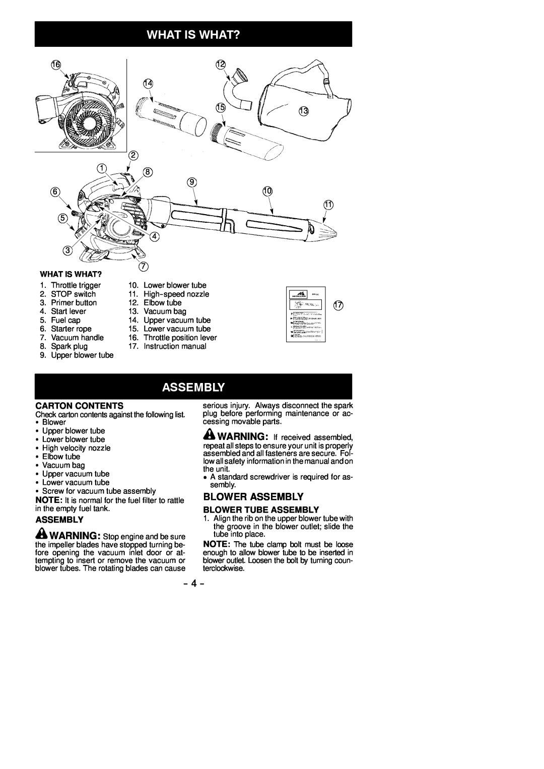 McCulloch MAC GBV 345 instruction manual What Is What?, Blower Assembly, Carton Contents, Blower Tube Assembly 