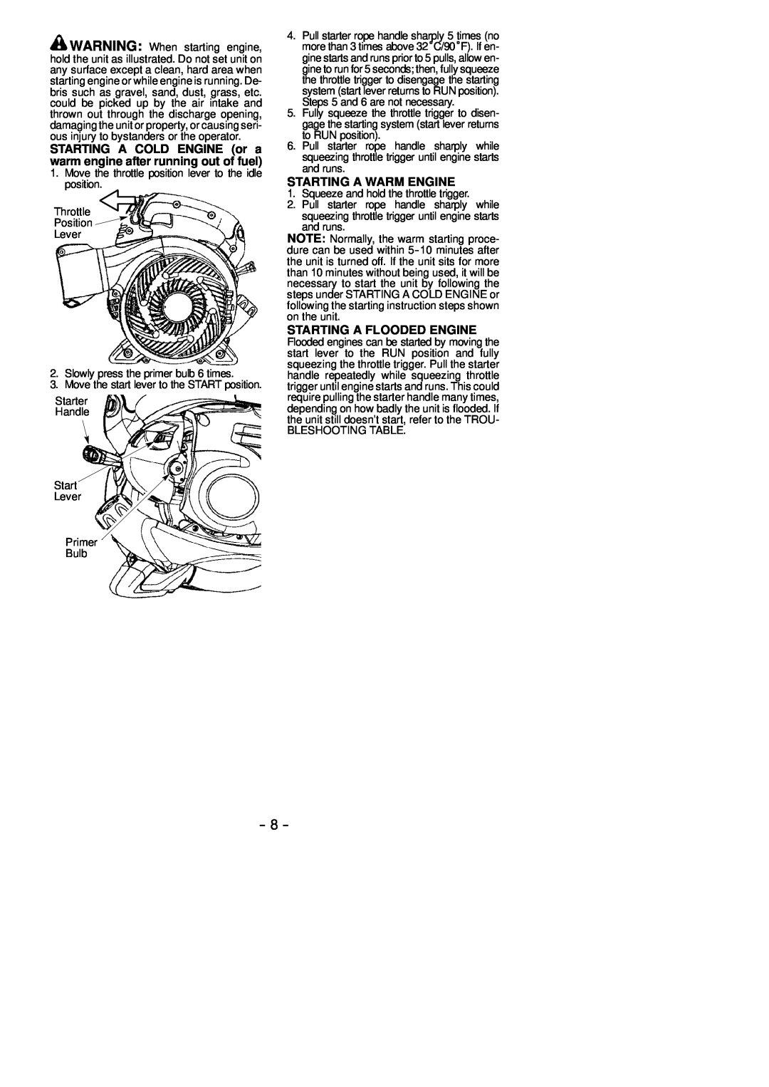 McCulloch MAC GBV 345 instruction manual Starting A Warm Engine, Starting A Flooded Engine 