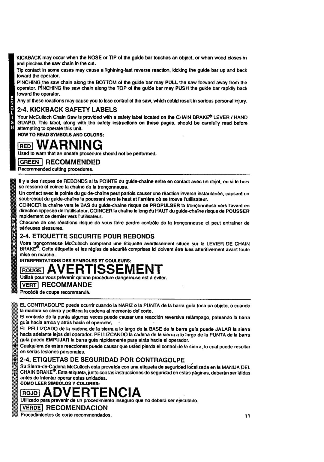 McCulloch MACE3210 user manual Kickback Safety Labels, Recommande, Etiquette Securite Pour Rebonds 