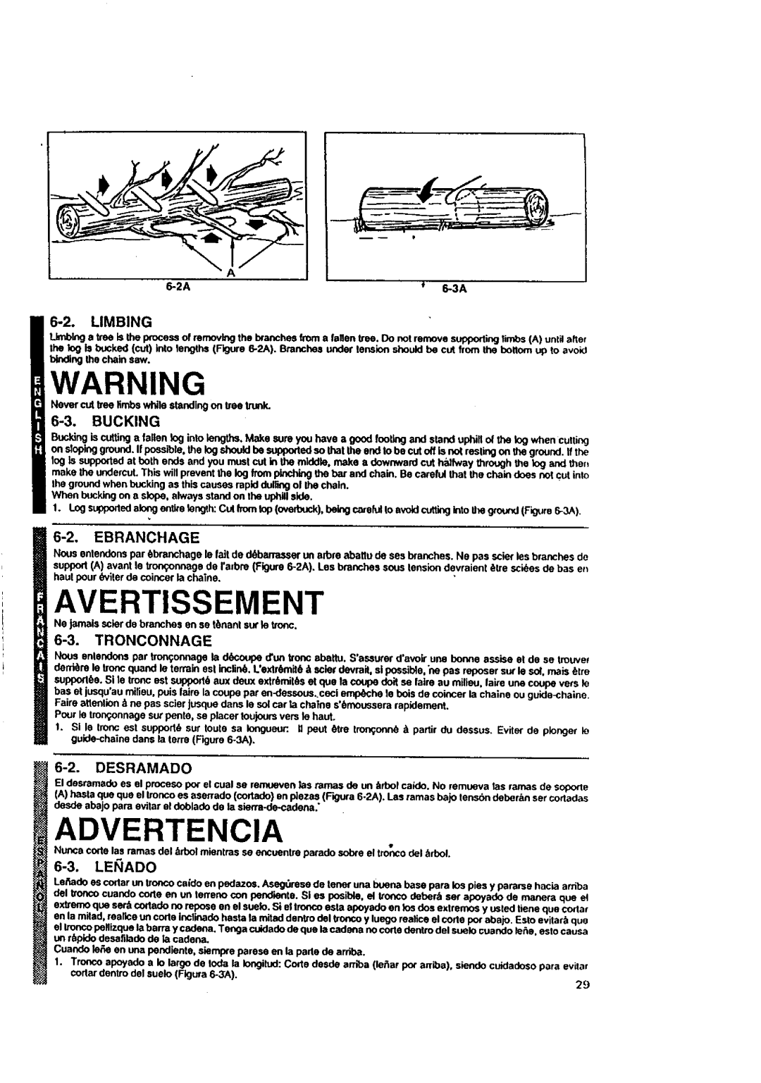 McCulloch MACE3210 user manual Bucking, Ebranchage, Limbing, Tronconnage, Desramado 