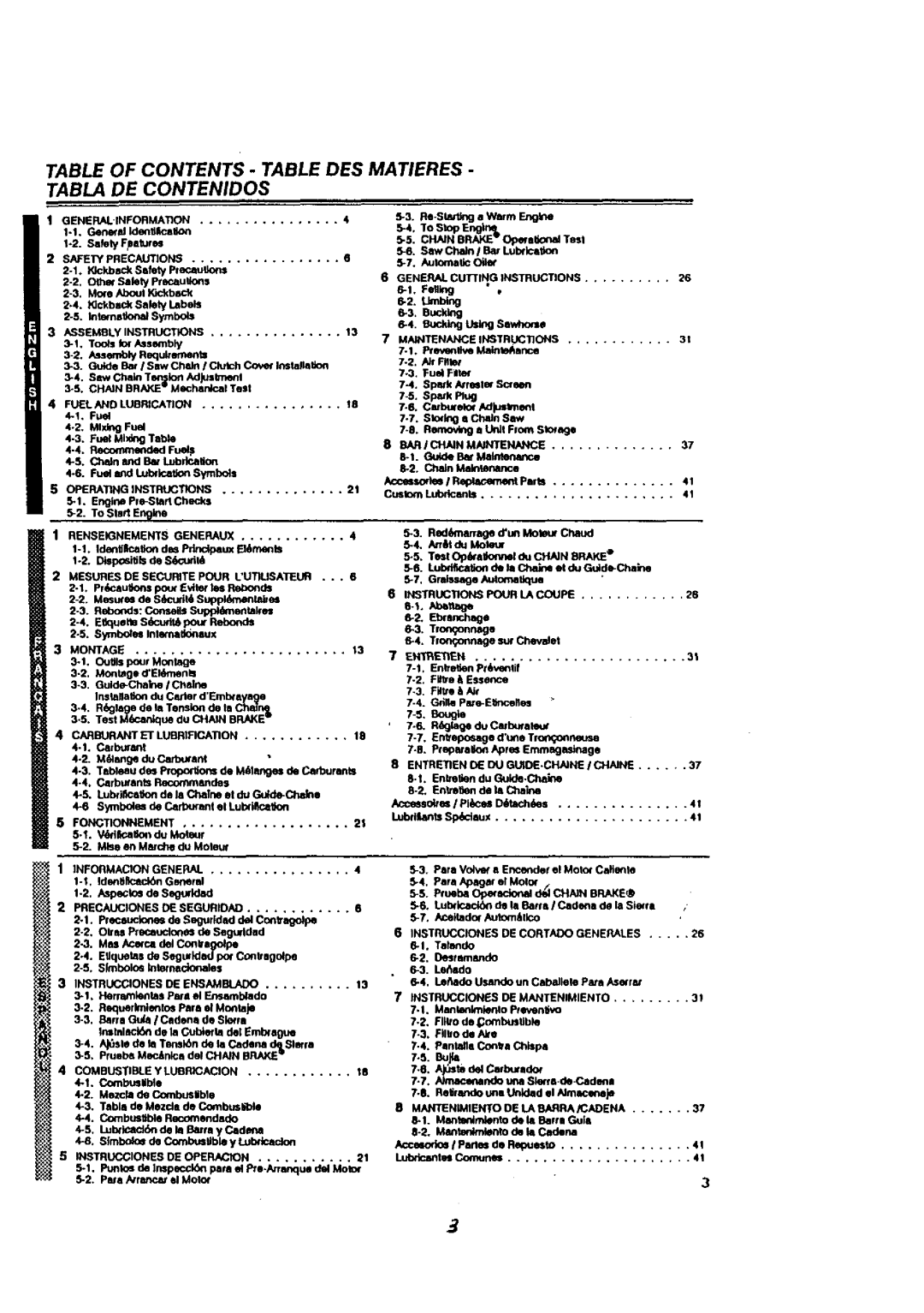 McCulloch MACE3210 user manual Table of Contents Table DES Matieres Tabla DE Contenidos 