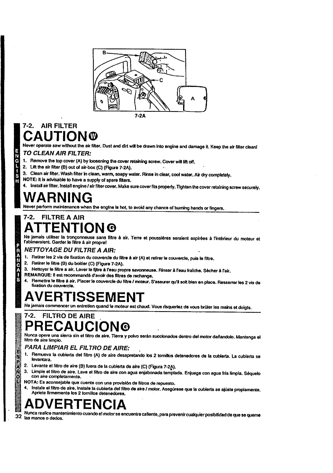 McCulloch MACE3210 user manual To Clean AIR Filter, Nettoyage DU Filtre a AIR, Para Limpiar EL FIL TRO DE Aire 