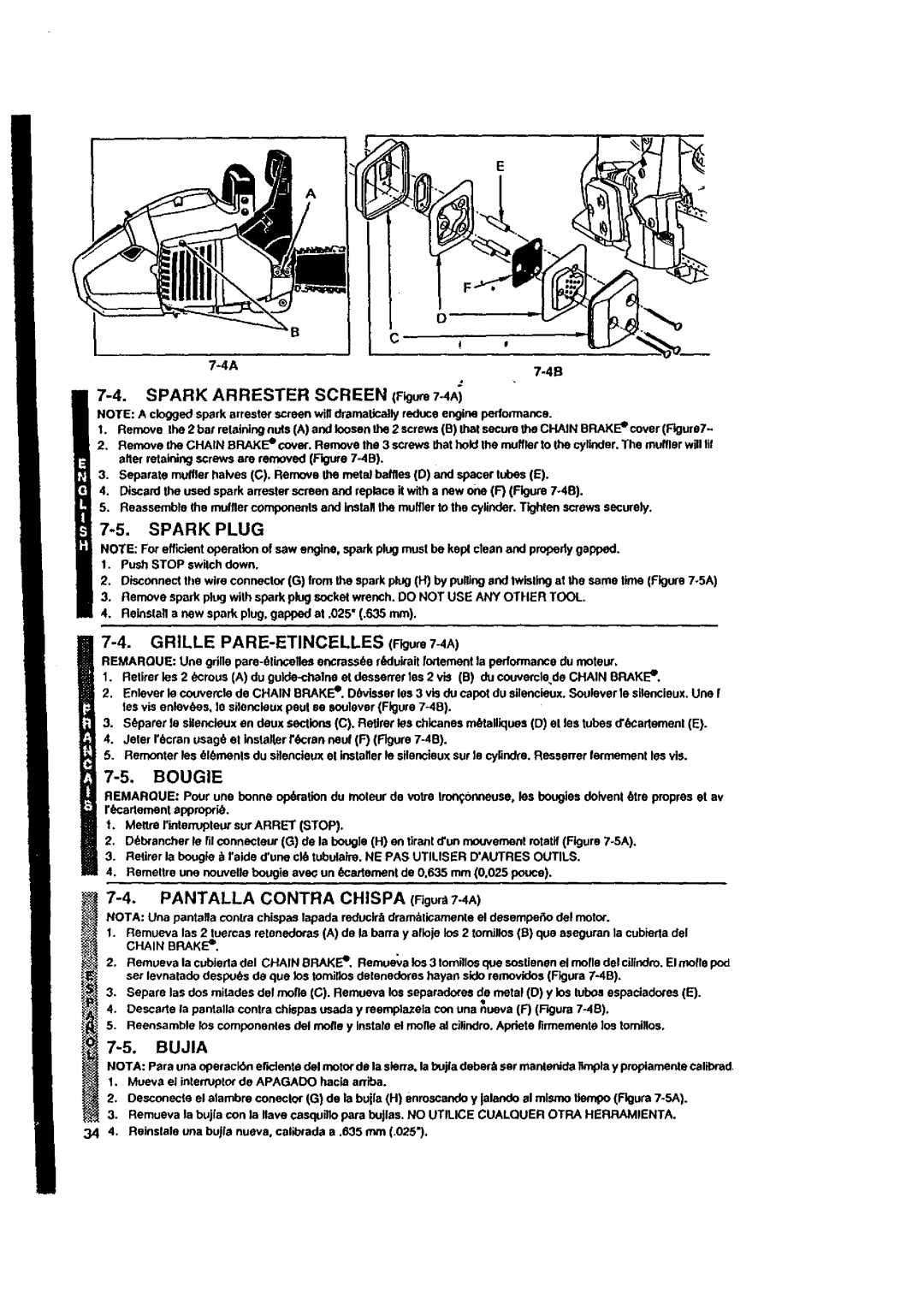 McCulloch MACE3210 user manual Spark Plug, Bougie, Spark Arrester Screen -4A, Pantalla Contra Chispa FigorAT-4A, Bujia 