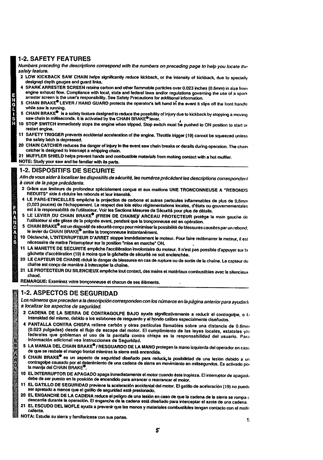 McCulloch MACE3210 user manual Safety Features, Aspectos DE Seguridad, Dispositifs DE Securite, LOW Kickback SAW Chain 