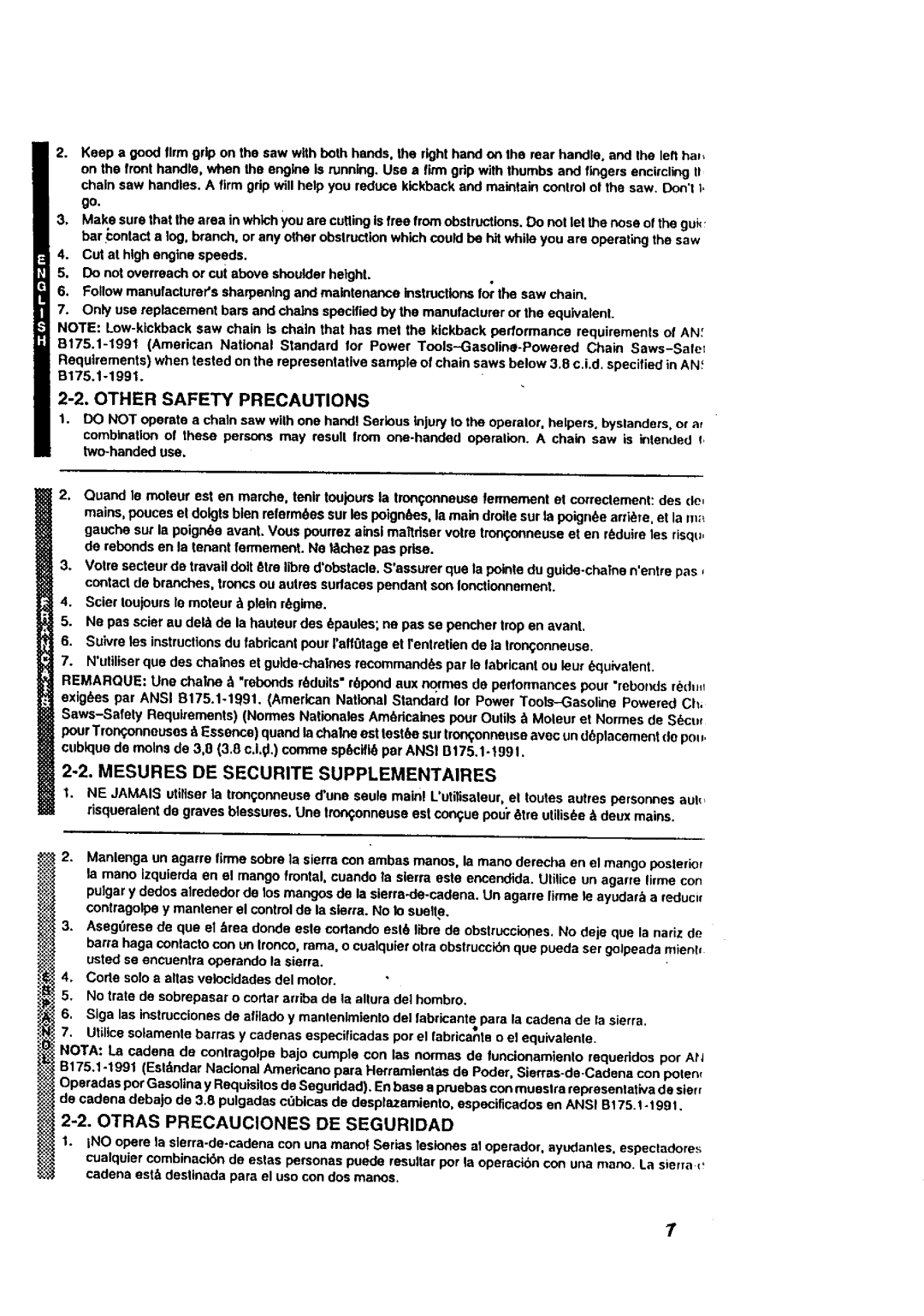 McCulloch MACE3210 Mesures DE Securite Supplementaires, Other Safety Precautions, Otras Precauciones DE Seguridad 