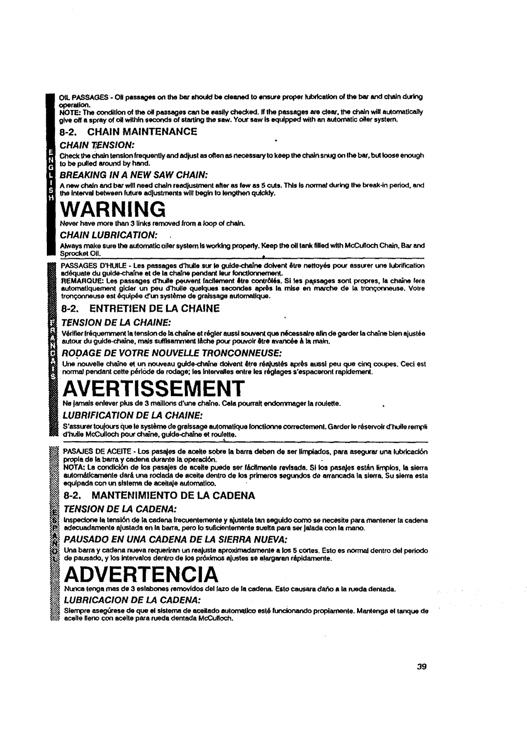 McCulloch MACE3210 Advertencia, 8_-:2,ENTRETIEN DE LA CHAINE, Mantenimiento De La Cadena, Chain Maintenance, Avertissement 