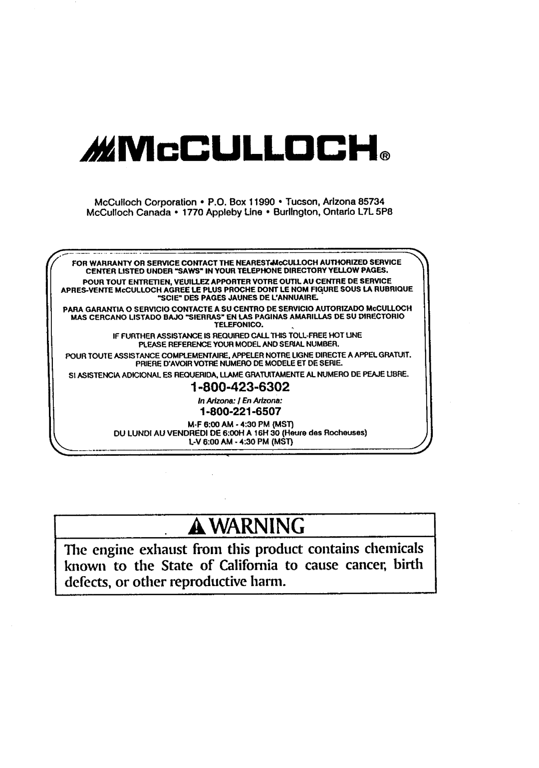 McCulloch MACE3210 user manual 1-800-423-6302, 1-800-221-6507, McCULLOCH, Awarning, defects, or other _productive harm 