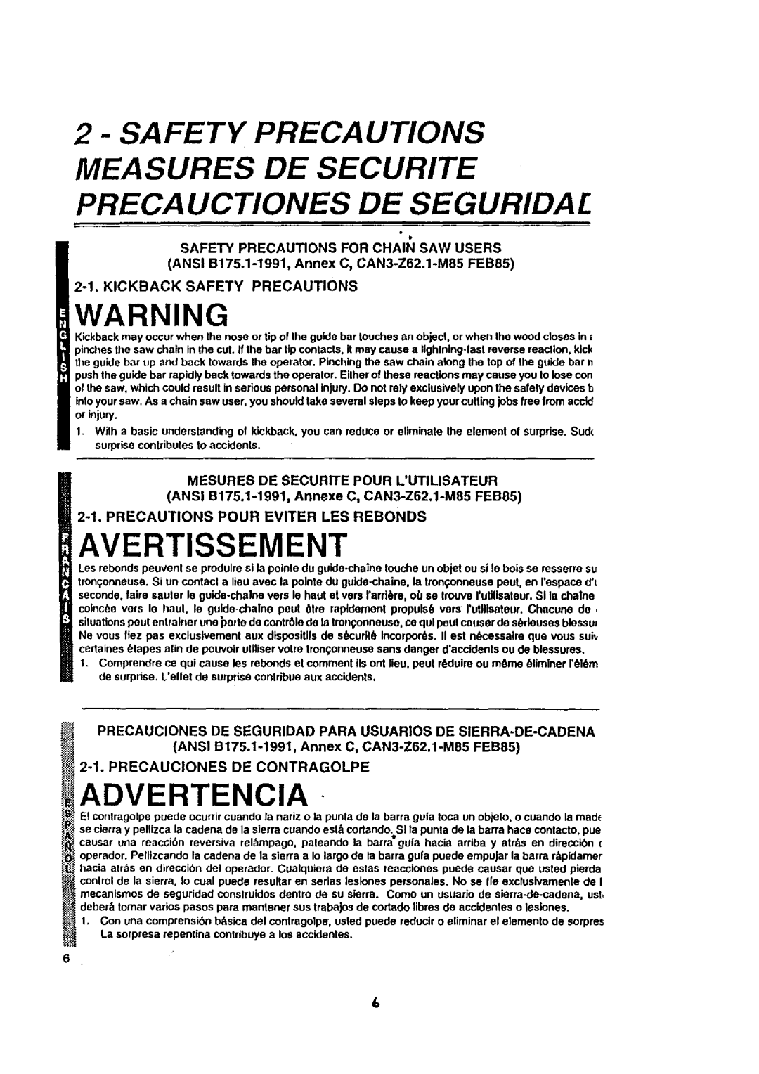 McCulloch MACE3210 Avertissement, Safety Precautions For Chain Saw Users, ANSI B175.1-1991,Annex C, CAN3-Z62.1-M85FEB85 