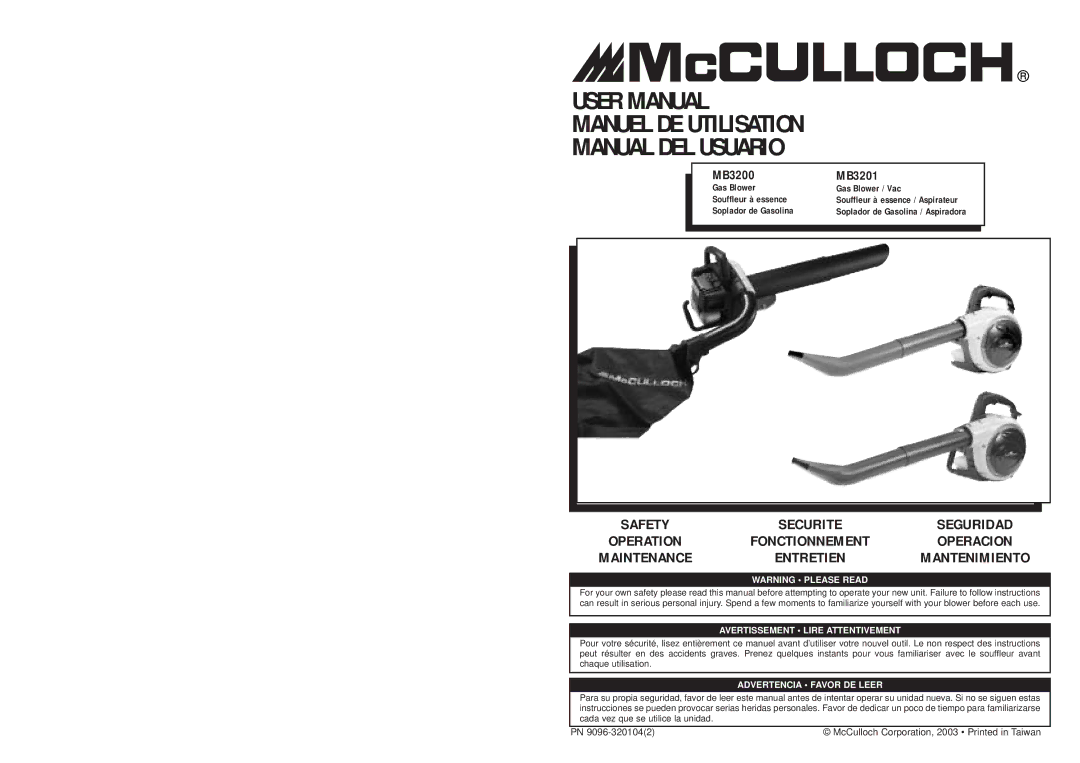 McCulloch MB3200 user manual Manuel DE Utilisation Manual DEL Usuario 