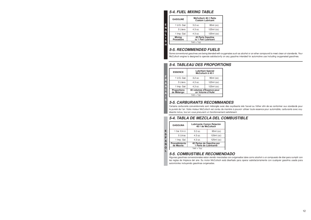 McCulloch MB3200 user manual Fuel Mixing Table, Recommended Fuels, Tableau DES Proportions, Carburants Recommandes 