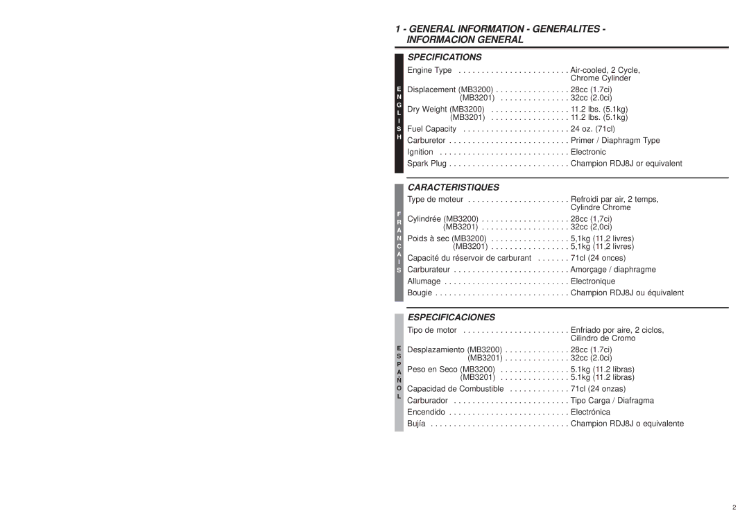 McCulloch MB3200 user manual Specifications, Caracteristiques, Especificaciones 