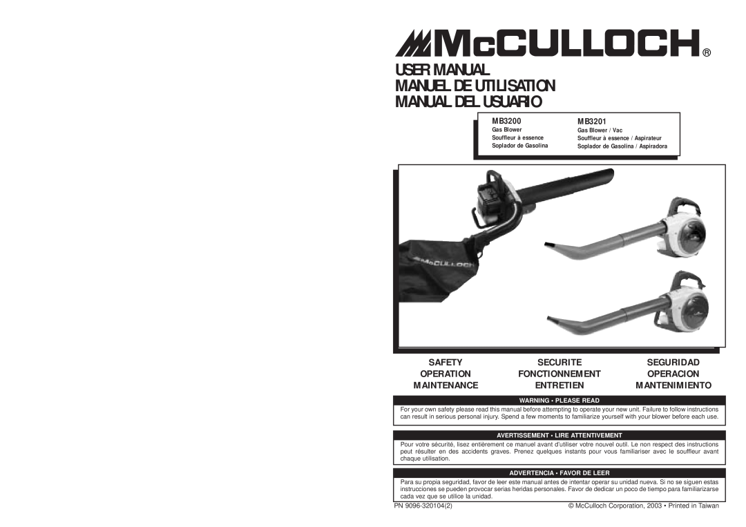 McCulloch MB3200 user manual MB3201, Safety, Securite, Seguridad, Operation, Fonctionnement, Operacion, Maintenance 