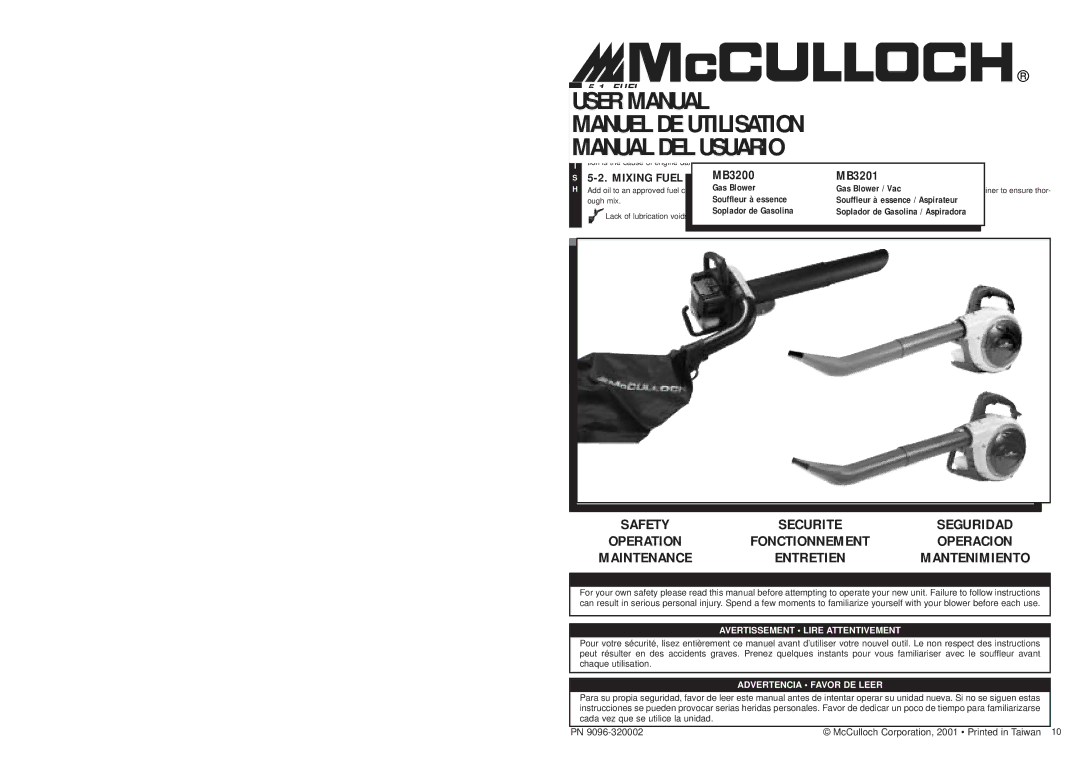 McCulloch MB3201 user manual 