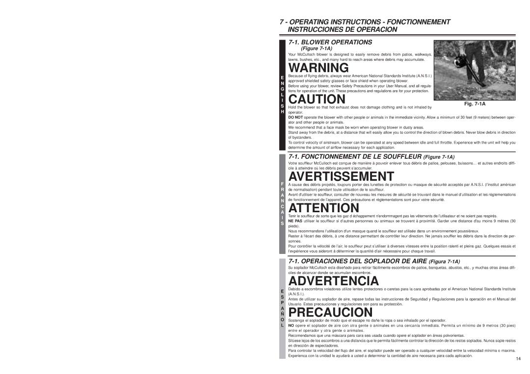 McCulloch MB3201 user manual Blower Operations, Fonctionnement DE LE Souffleur -1A 