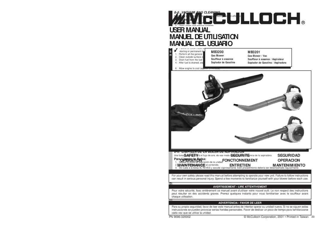 McCulloch MB3201 user manual 