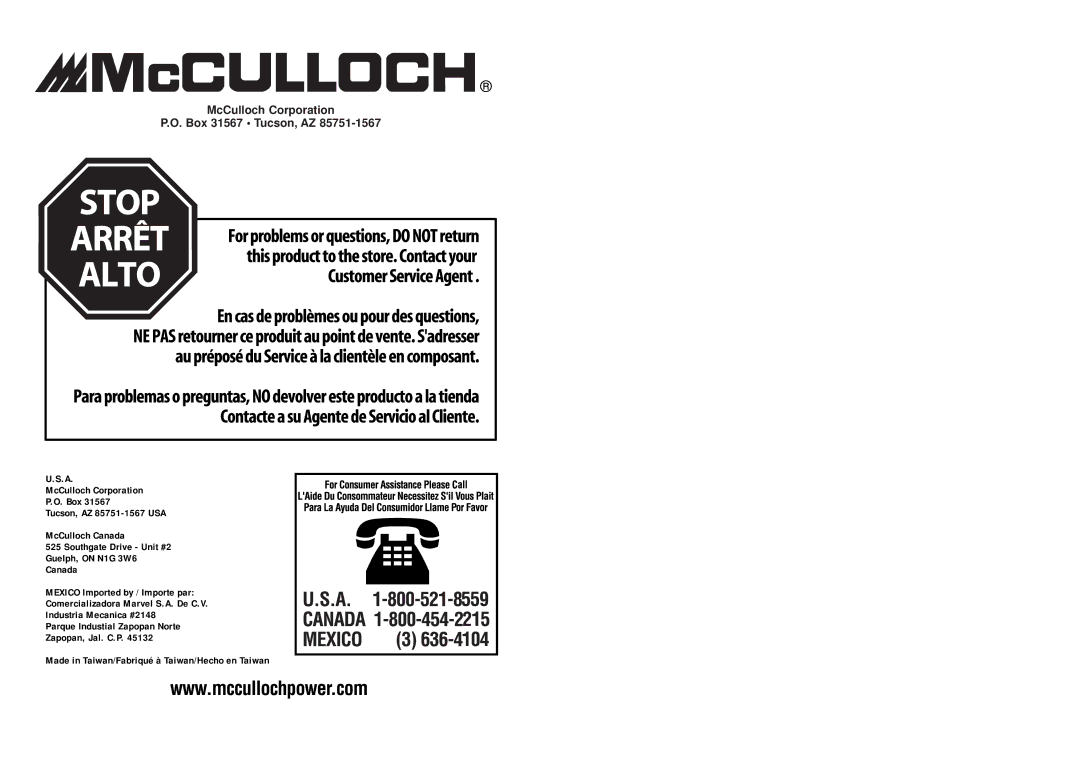 McCulloch MB3201 user manual McCulloch Corporation Box 31567 Tucson, AZ 