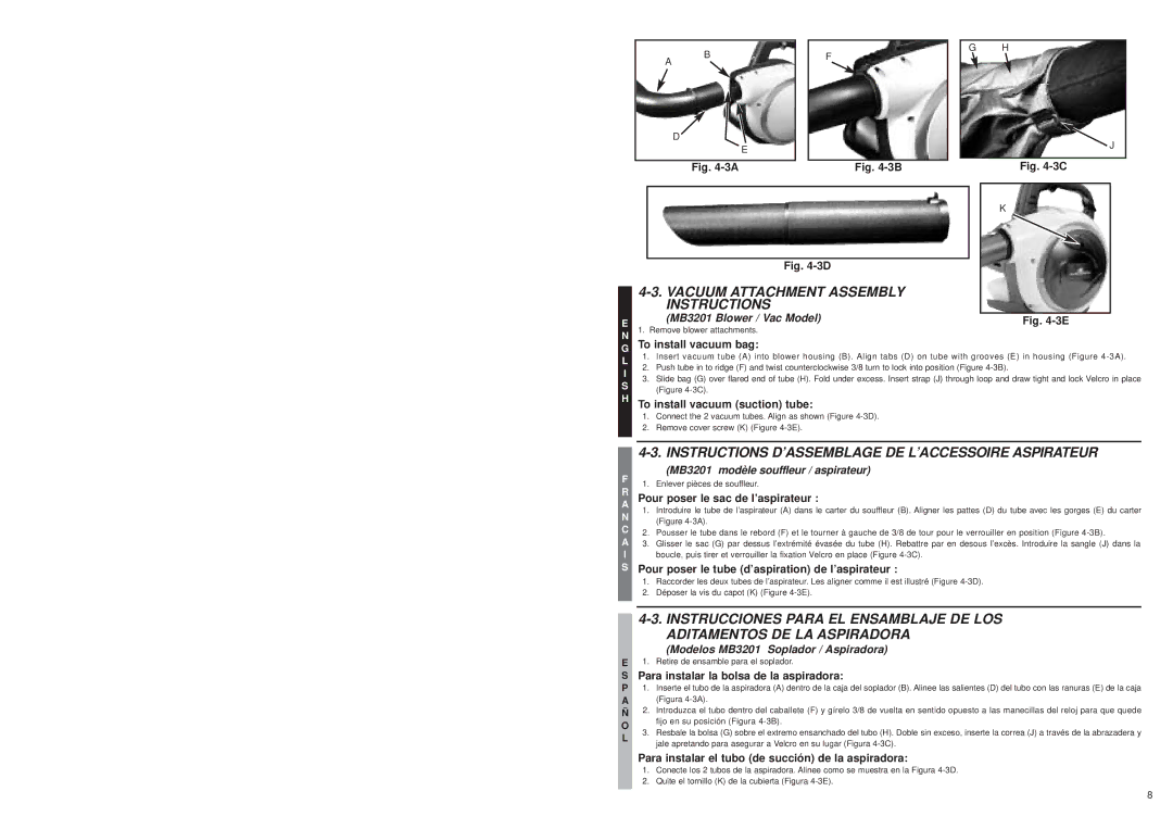 McCulloch MB3201 To install vacuum bag, To install vacuum suction tube, Pour poser le tube d’aspiration de l’aspirateur 