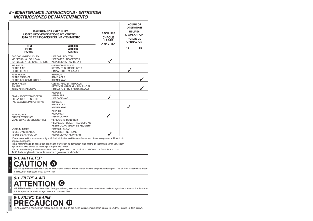 McCulloch MB3201 user manual N Caution, R Attention, Air Filter, Filtre A Air, Filtro De Aire, Precaucion 