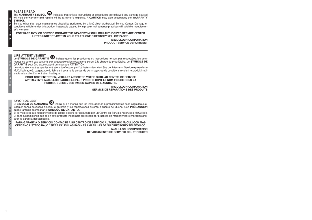 McCulloch MB3201 user manual Please Read, Lire Attentivement, Favor De Leer 