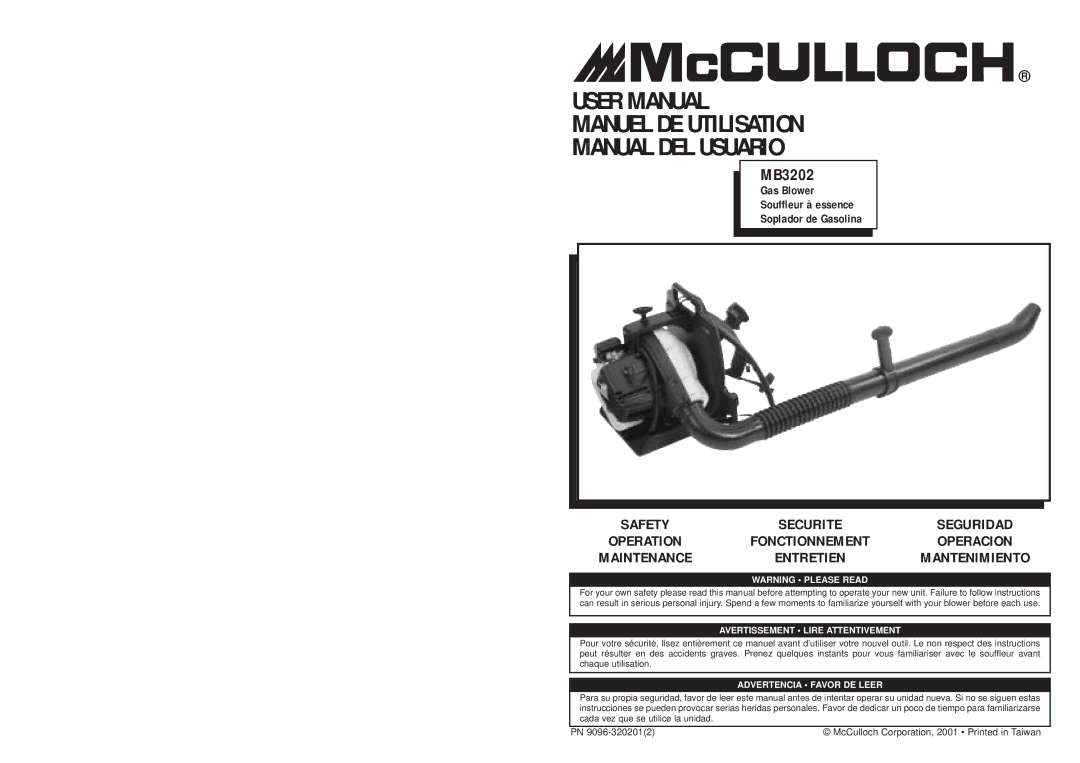 McCulloch MB3202 user manual Manuel DE Utilisation Manual DEL Usuario 