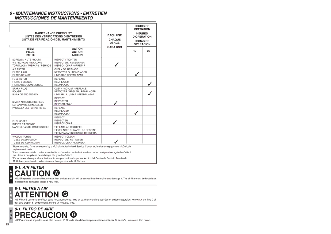 McCulloch MB3202 user manual AIR Filter, Filtre a AIR, Filtro DE Aire 