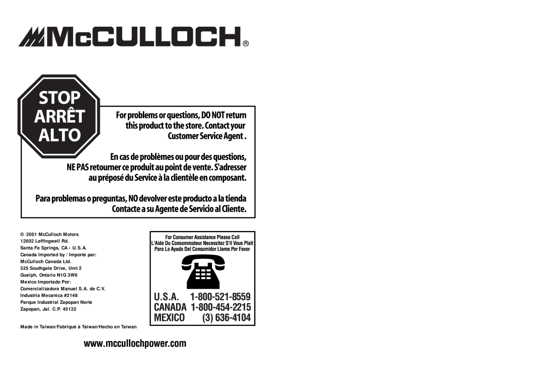 McCulloch MB3202 user manual Made in Taiwan/Fabriqué à Taiwan/Hecho en Taiwan 