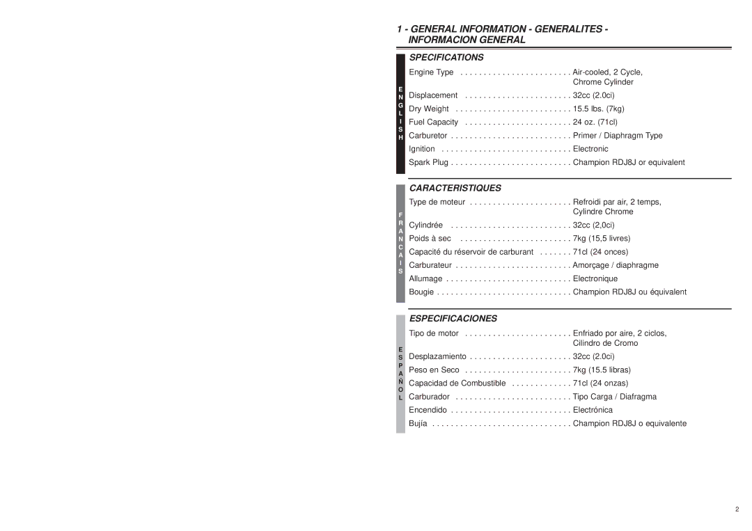 McCulloch MB3202 user manual Specifications, Caracteristiques, Especificaciones 