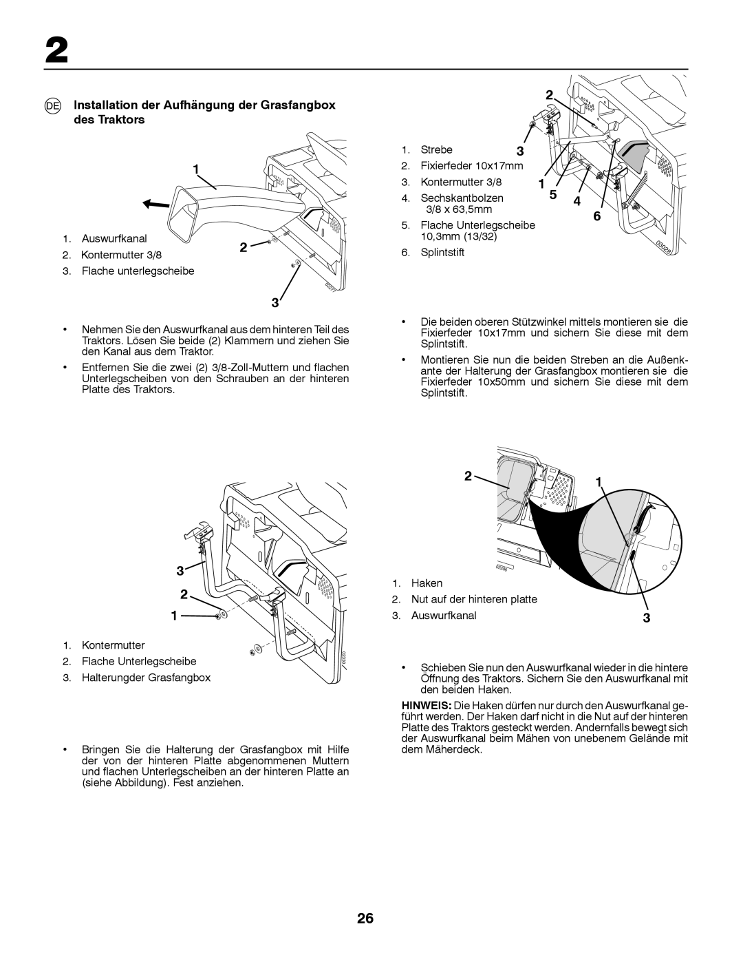 McCulloch M125B92RB, MBA16107BRK, M12T92RB Installation der Aufhängung der Grasfangbox des Traktors, Flache Unterlegscheibe 