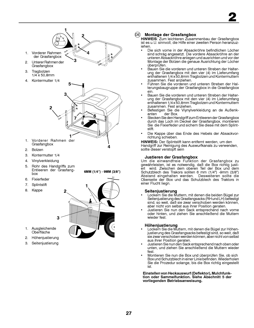 McCulloch M135B92RB, MBA16107BRK Montage der Grasfangbox, Justieren der Grasfangbox, Seitenjustierung, Höhenjustierung 