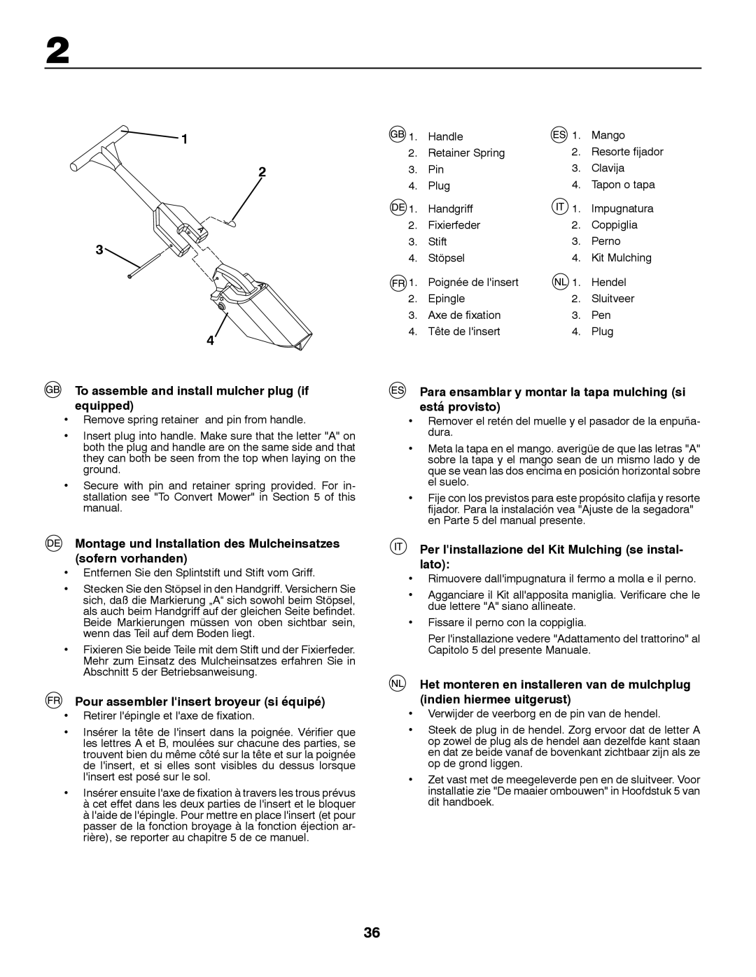 McCulloch M12T92RB, MBA16107BRK To assemble and install mulcher plug if equipped, Pour assembler linsert broyeur si équipé 