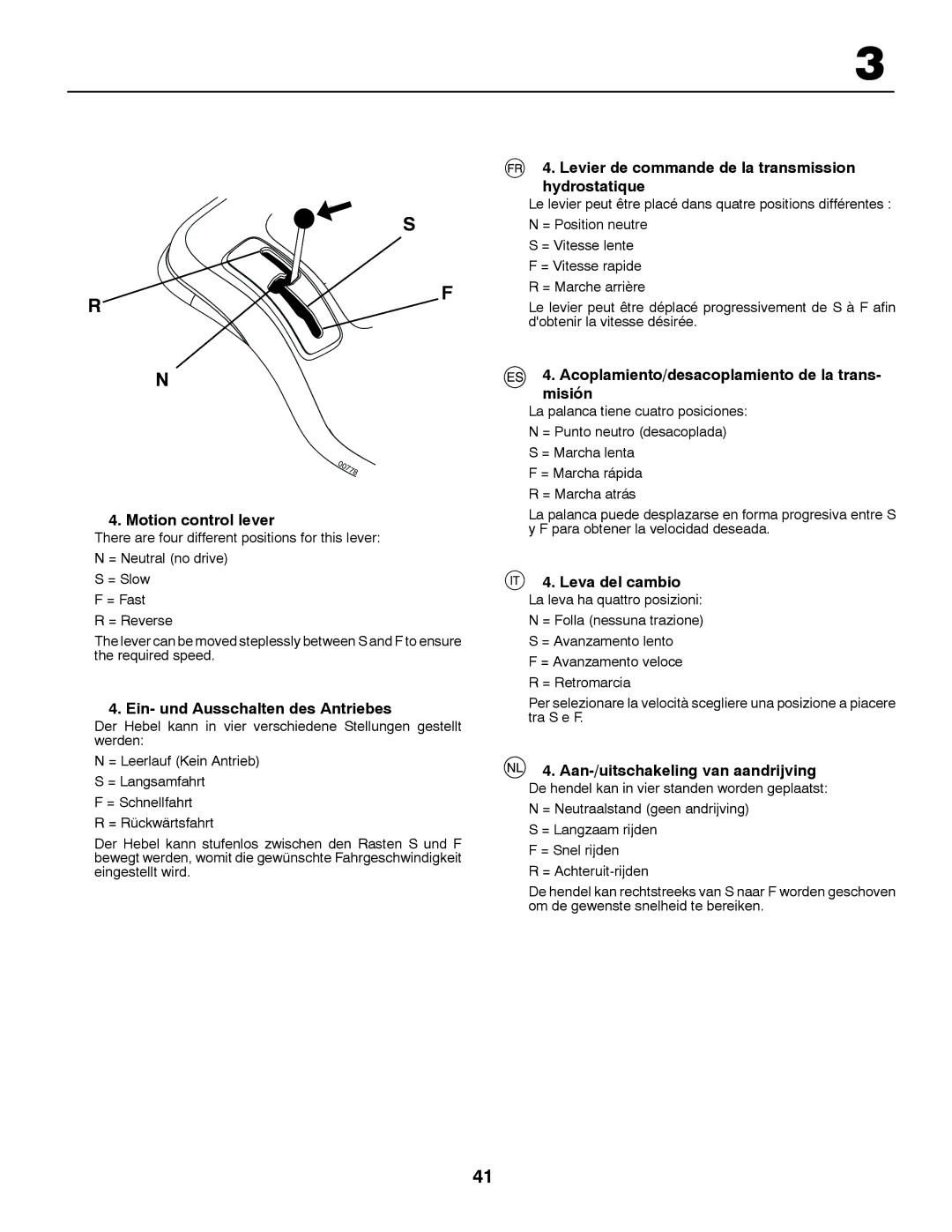 McCulloch P1292RB, MBA16107BRK, MBA165107BRK Motion control lever, Ein- und Ausschalten des Antriebes, Leva del cambio 