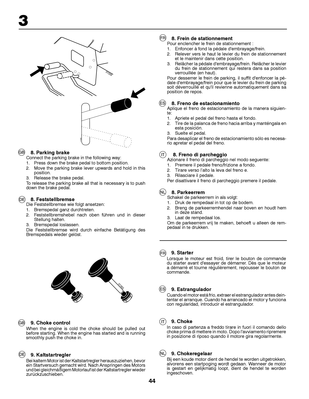 McCulloch MBA16107BRK Parking brake, Feststellbremse, Choke control, Kaltstartregler, Frein de stationnement, Parkeerrem 