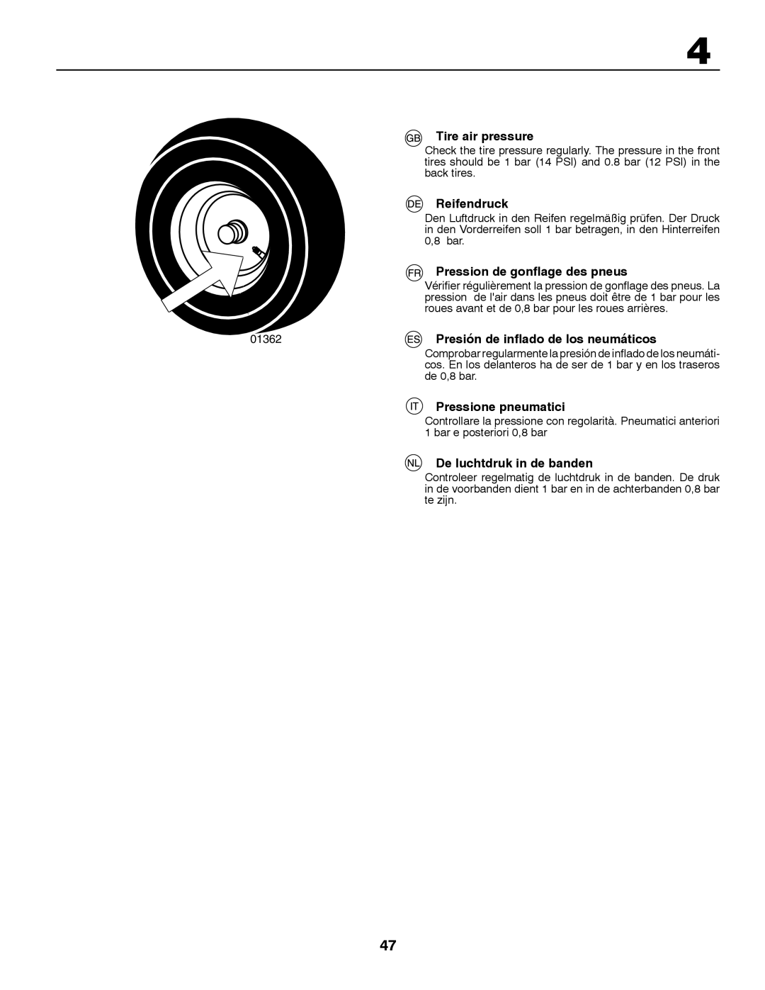 McCulloch M12T92RB Tire air pressure, Reifendruck, Pression de gonflage des pneus, Presión de inflado de los neumáticos 