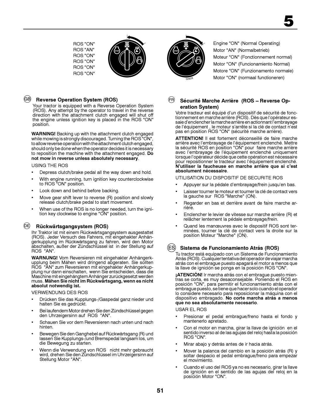 McCulloch PF12T92RB, M12T92RB Reverse Operation System ROS, Rückwärtsgangsystem ROS, Sistema de Funcionamiento Atrás ROS 